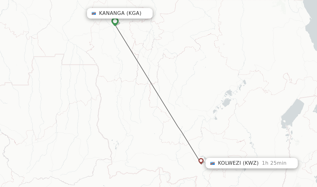Flights from Kananga to Kolwezi route map