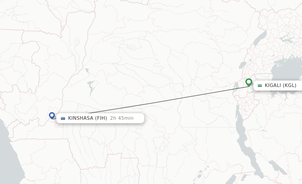 Flights from Kigali to Kinshasa route map