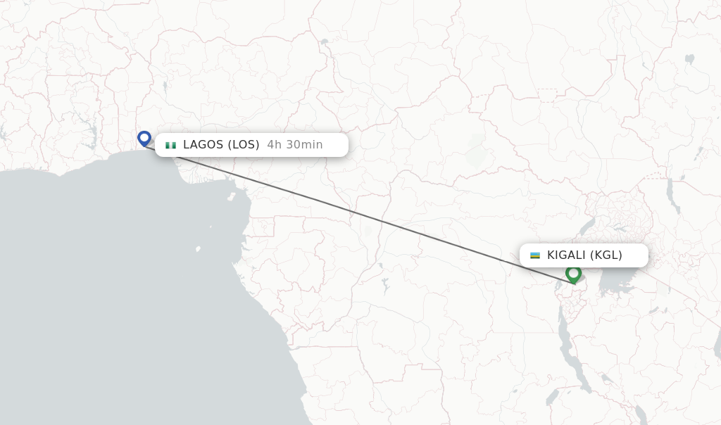 Flights from Kigali to Lagos route map