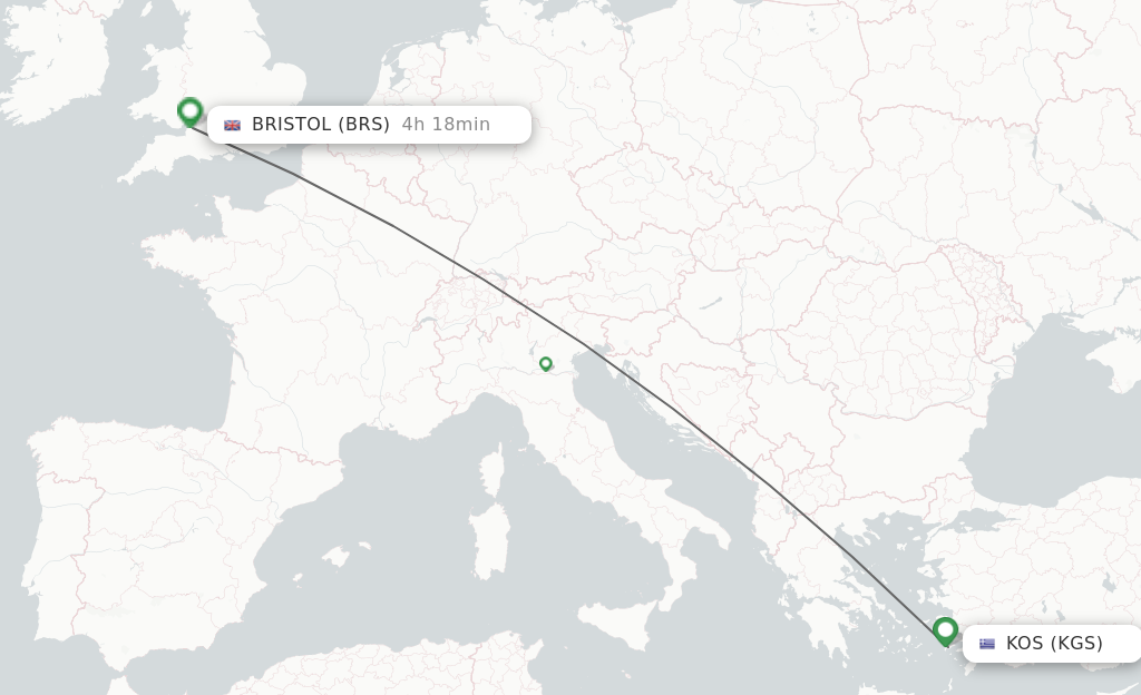Flights from Kos to Bristol route map