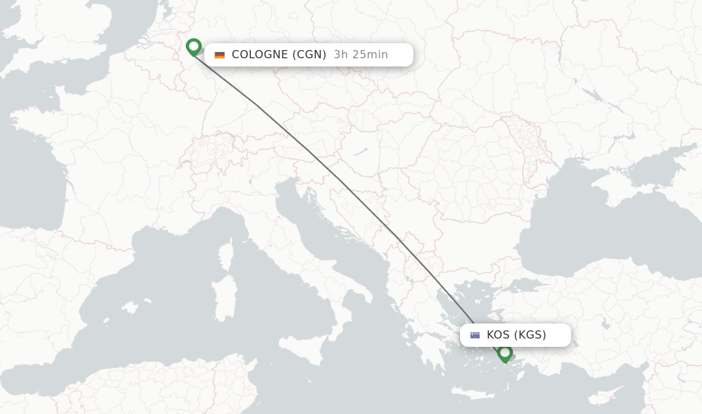 Flights from Kos to Cologne route map