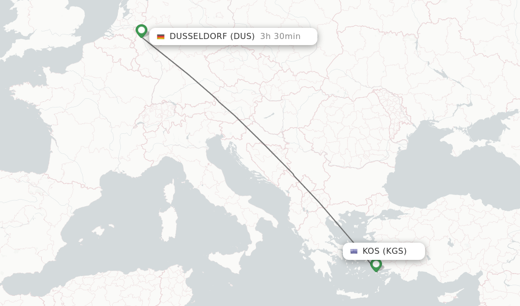Flights from Kos to Dusseldorf route map