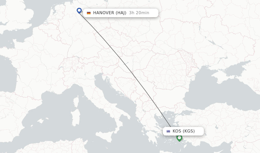 Flights from Kos to Hanover route map