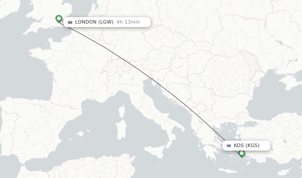 Flights from Kos to London route map