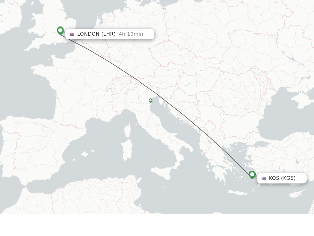Flights from Kos to London route map