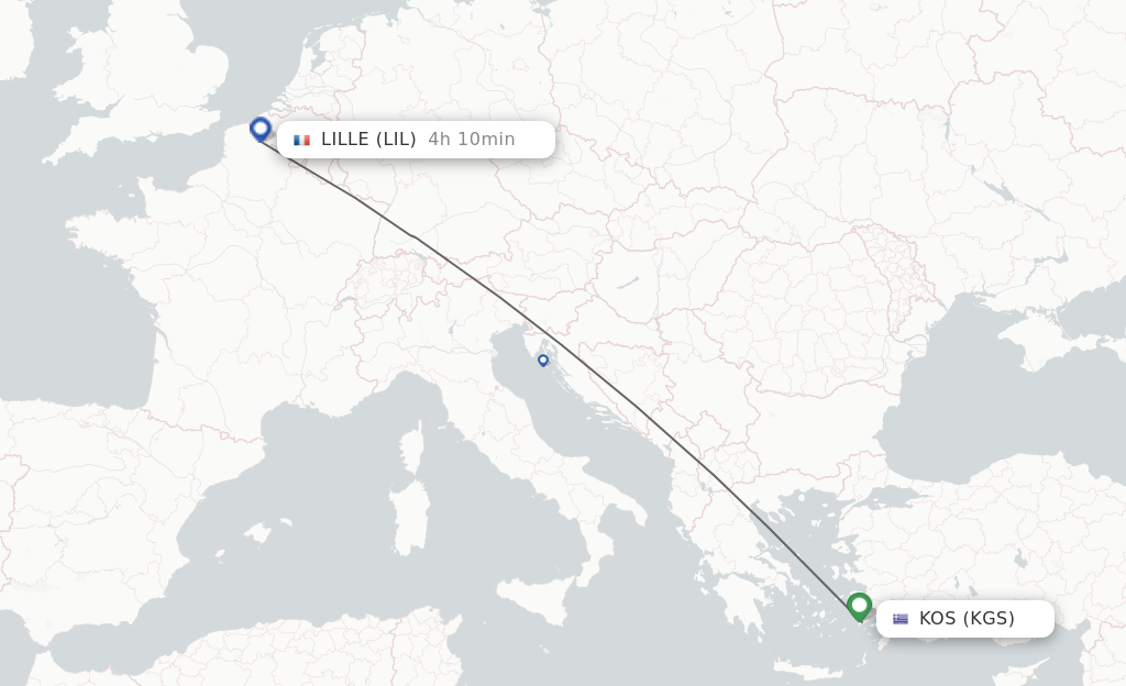Flights from Lille to Kos route map