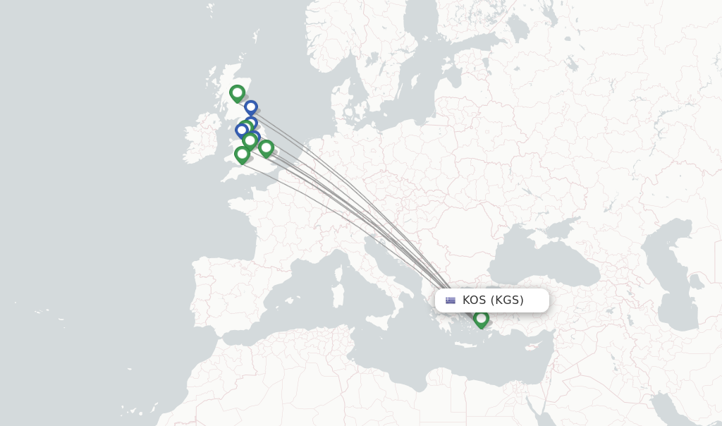 Route map with flights from Kos with Jet2