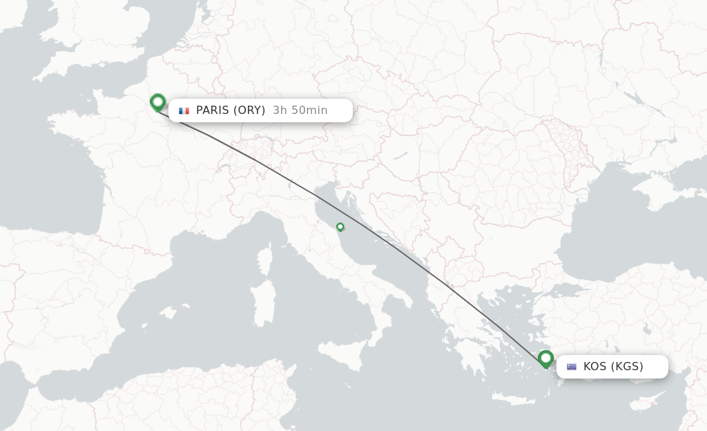 Flights from Kos to Paris route map