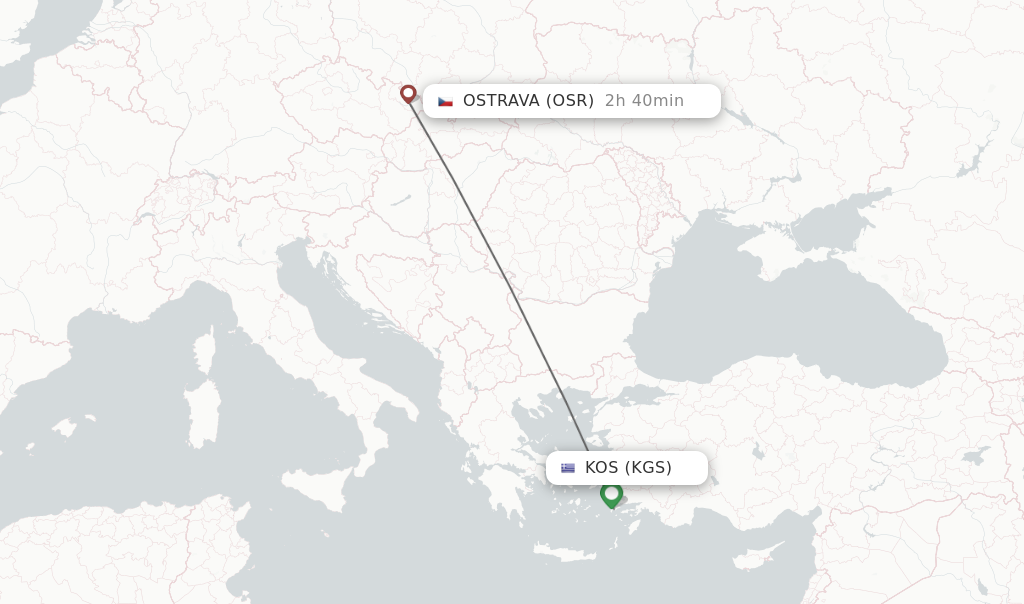 Flights from Kos to Ostrava route map