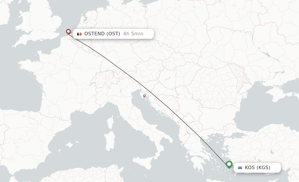 Flights from Ostend to Kos route map