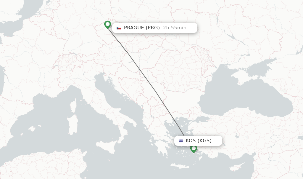 Flights from Kos to Prague route map