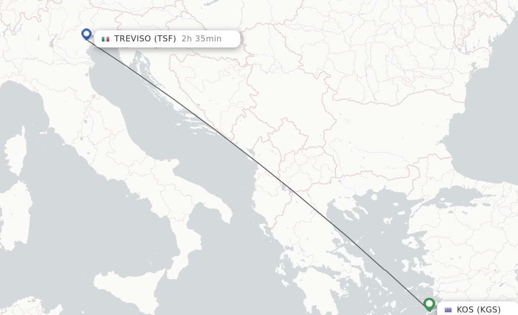 Flights from Kos to Venice route map