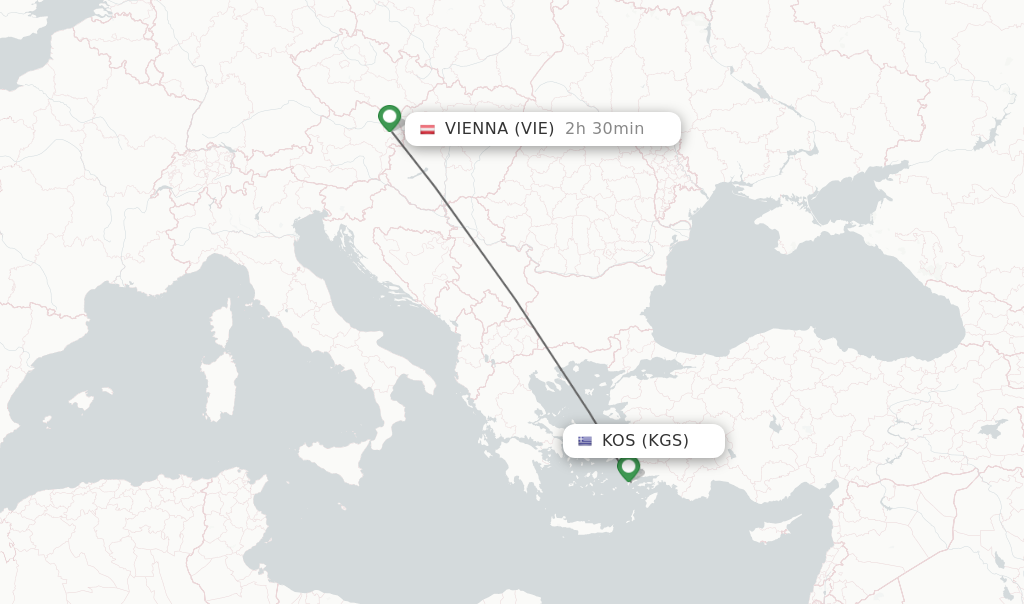 Flights from Kos to Vienna route map