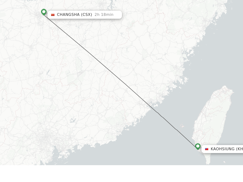 Flights from Kaohsiung to Changsha route map