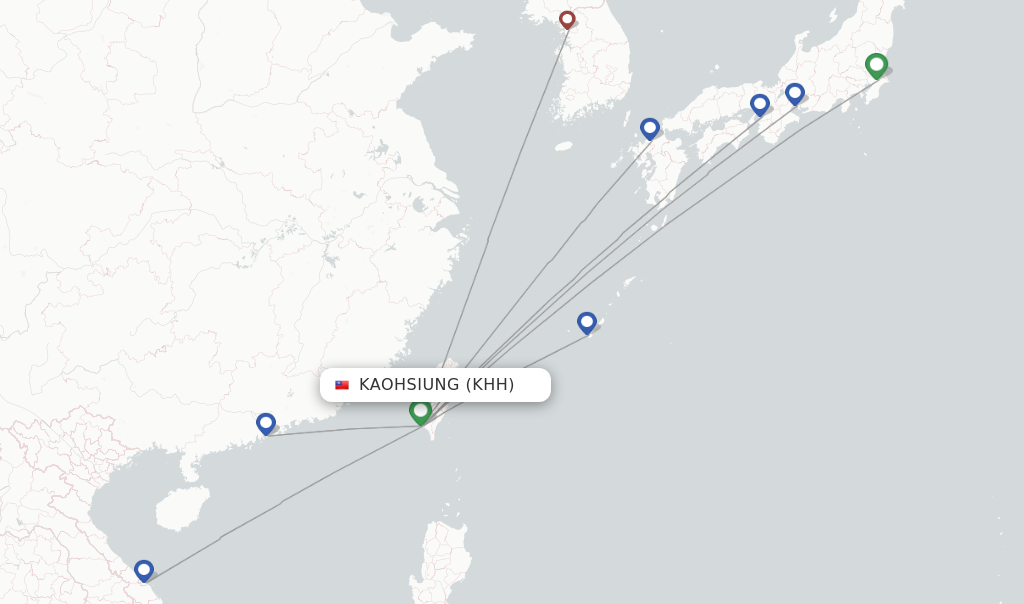 Route map with flights from Kaohsiung with Tigerair Taiwan