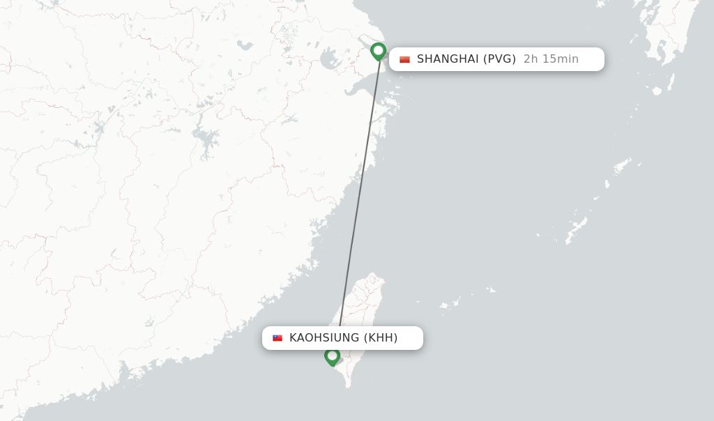Flights from Kaohsiung to Shanghai route map