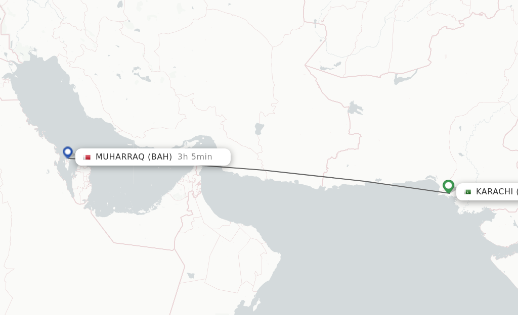 Flights from Karachi to Muharraq route map