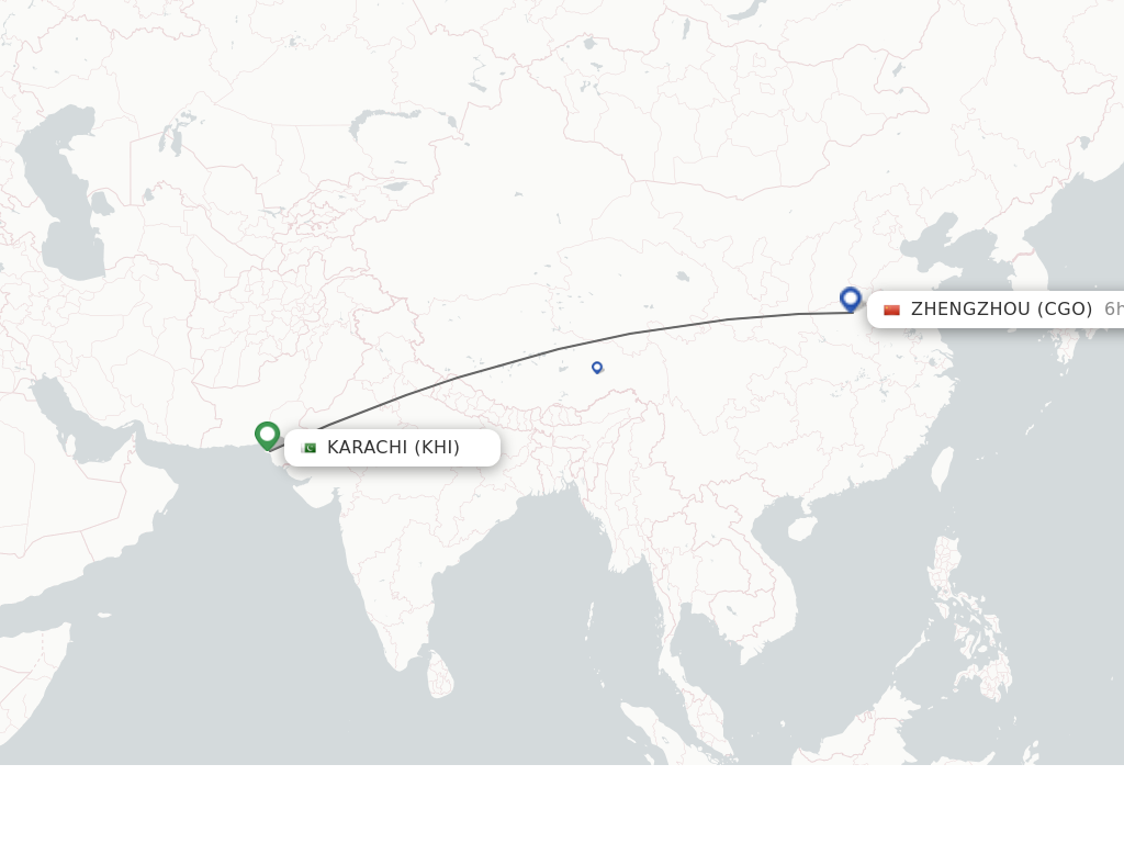 Flights from Karachi to Zhengzhou route map