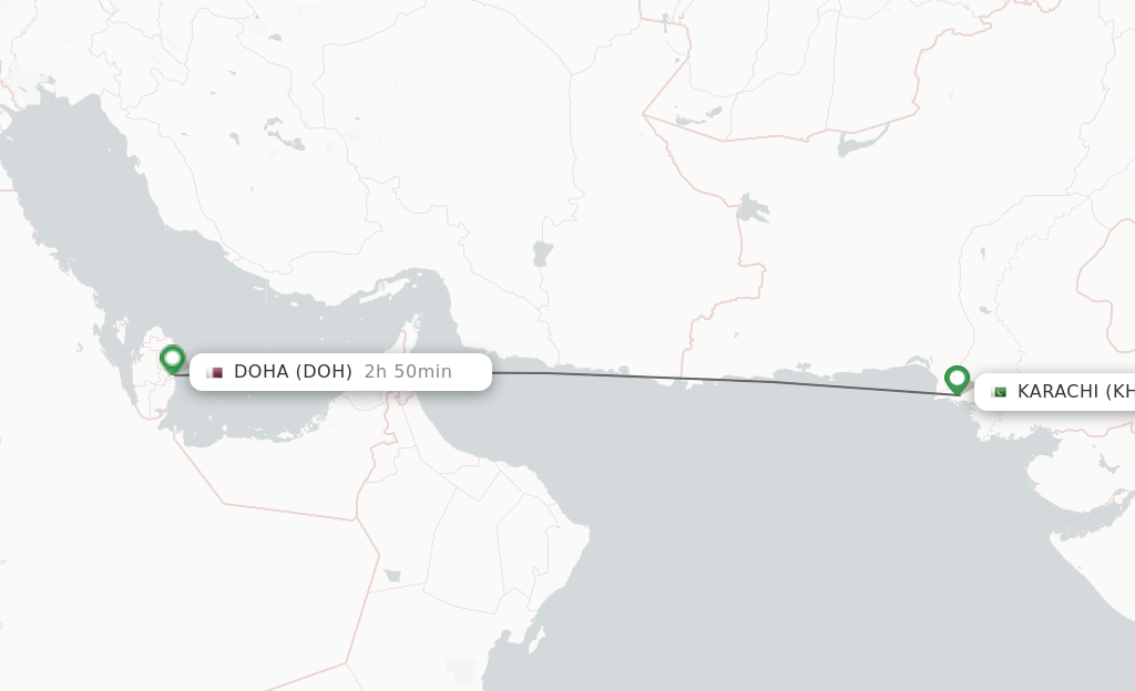 Flights from Karachi to Doha route map
