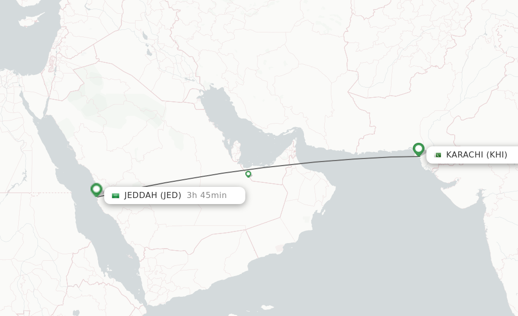 Flights from Karachi to Jeddah route map