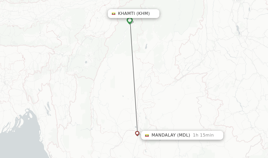 Flights from Khamti to Mandalay route map