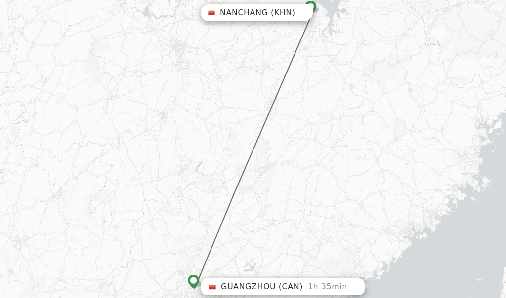 Flights from Nanchang to Guangzhou route map