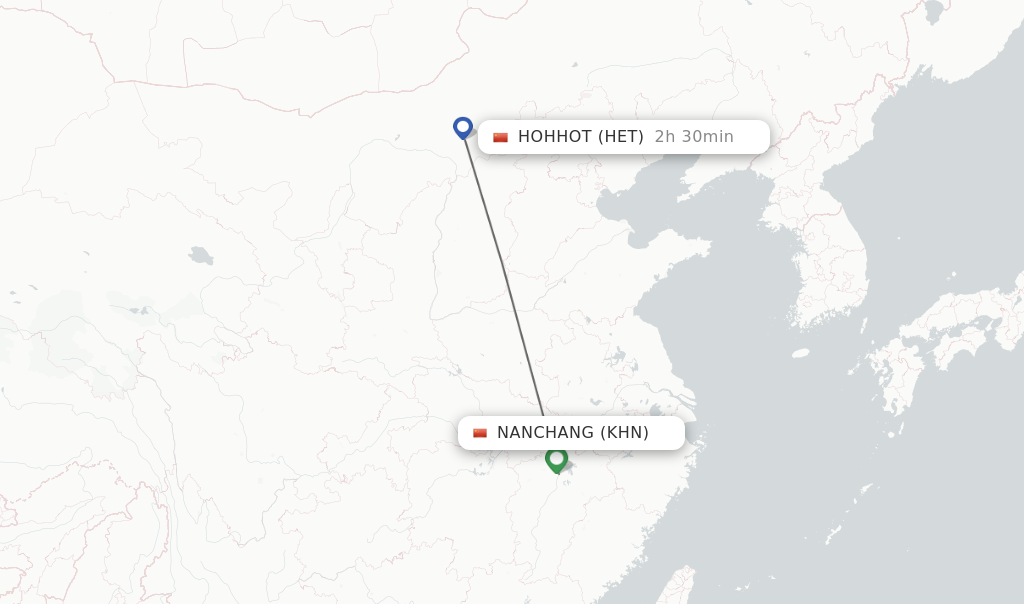 Flights from Nanchang to Hohhot route map