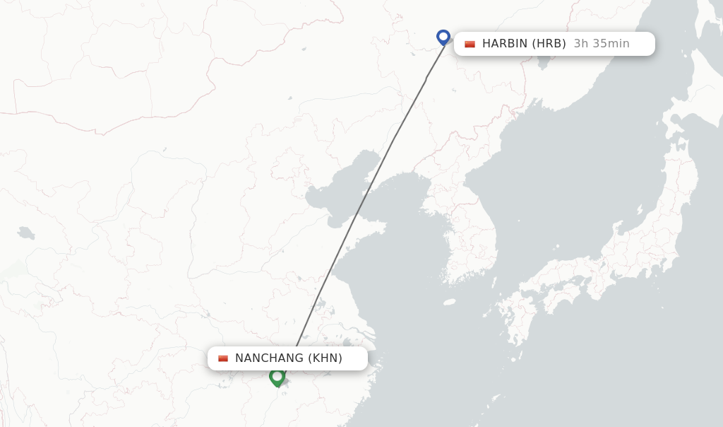 Flights from Nanchang to Harbin route map
