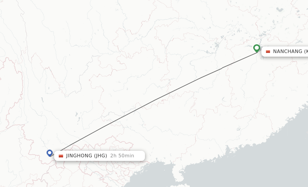 Flights from Nanchang to Jinghong route map