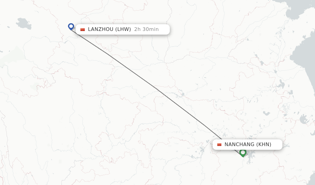 Flights from Nanchang to Lanzhou route map