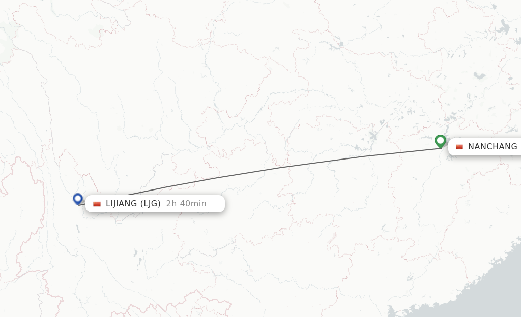 Flights from Nanchang to Lijiang route map