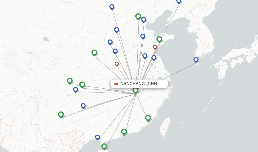 Route map with flights from Nanchang with Jiangxi Airlines