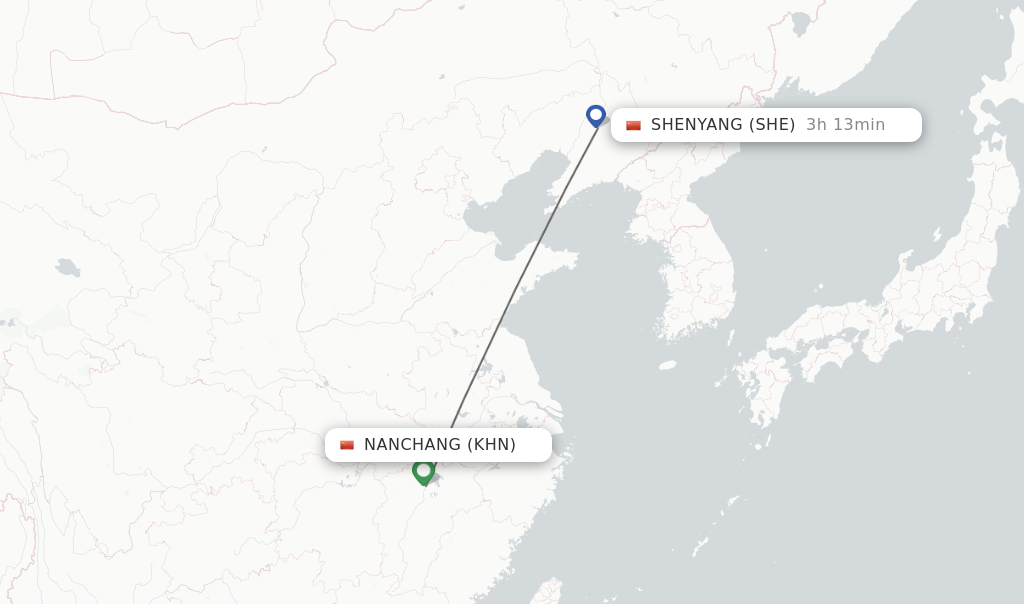 Flights from Nanchang to Shenyang route map