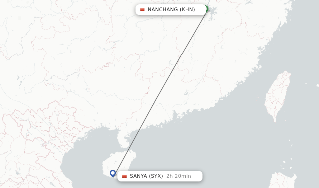 Flights from Nanchang to Sanya route map