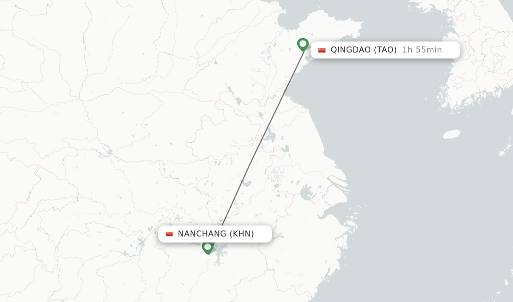 Flights from Nanchang to Qingdao route map