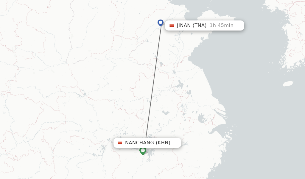 Flights from Nanchang to Jinan route map