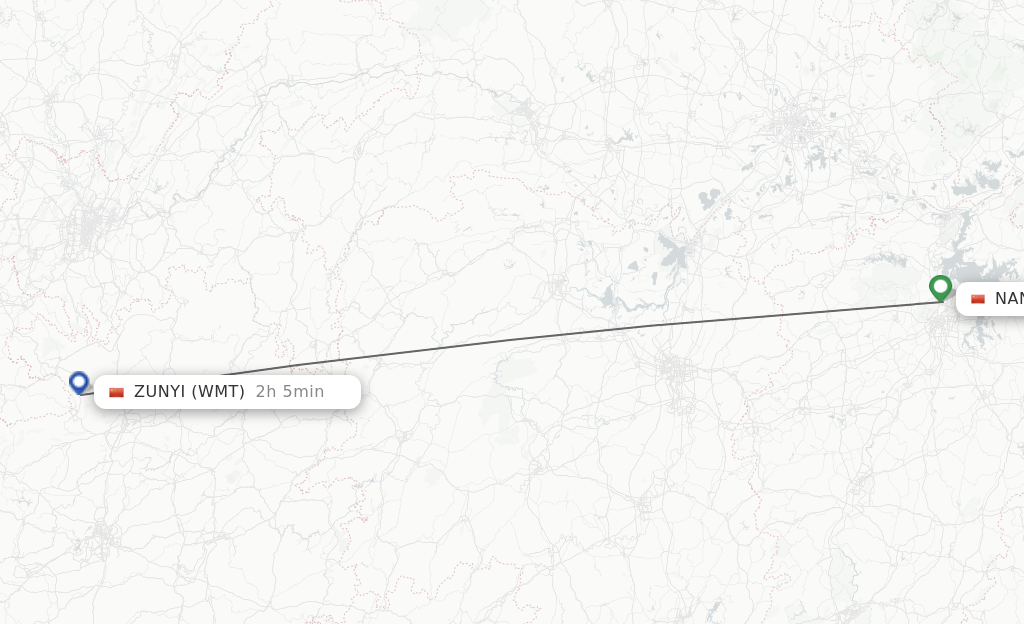Flights from Nanchang to Zunyi route map