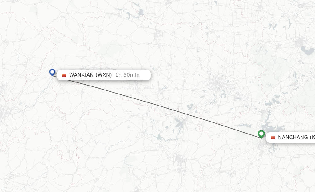 Flights from Nanchang to Wanxian route map