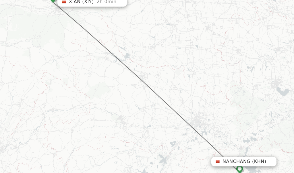 Flights from Nanchang to Xian route map