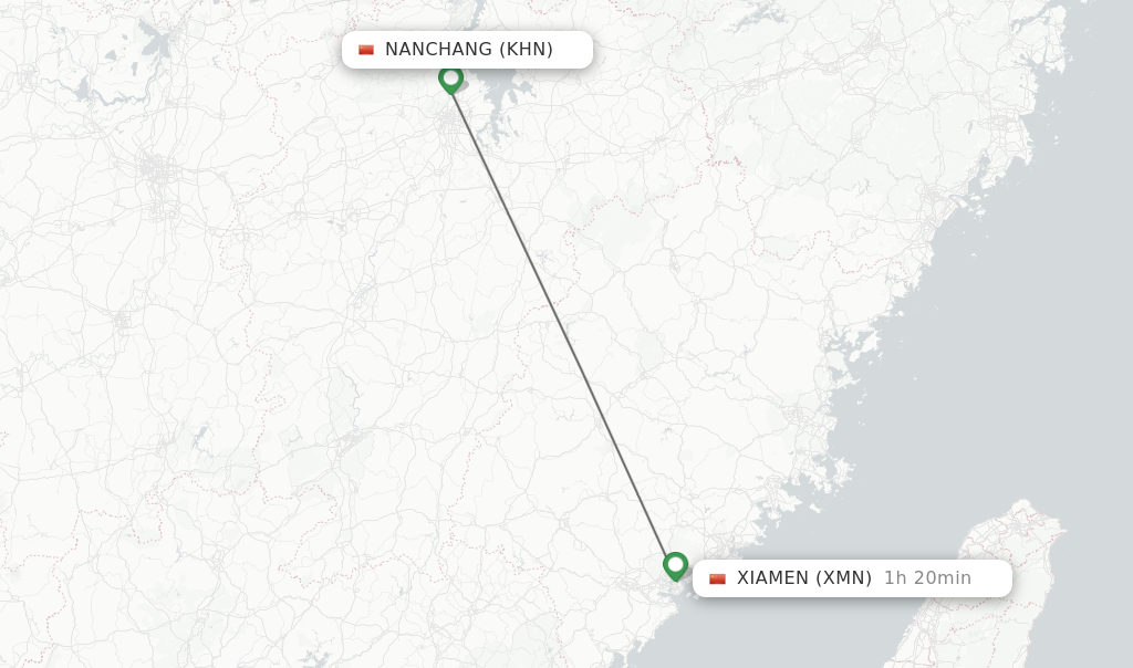 Flights from Nanchang to Xiamen route map