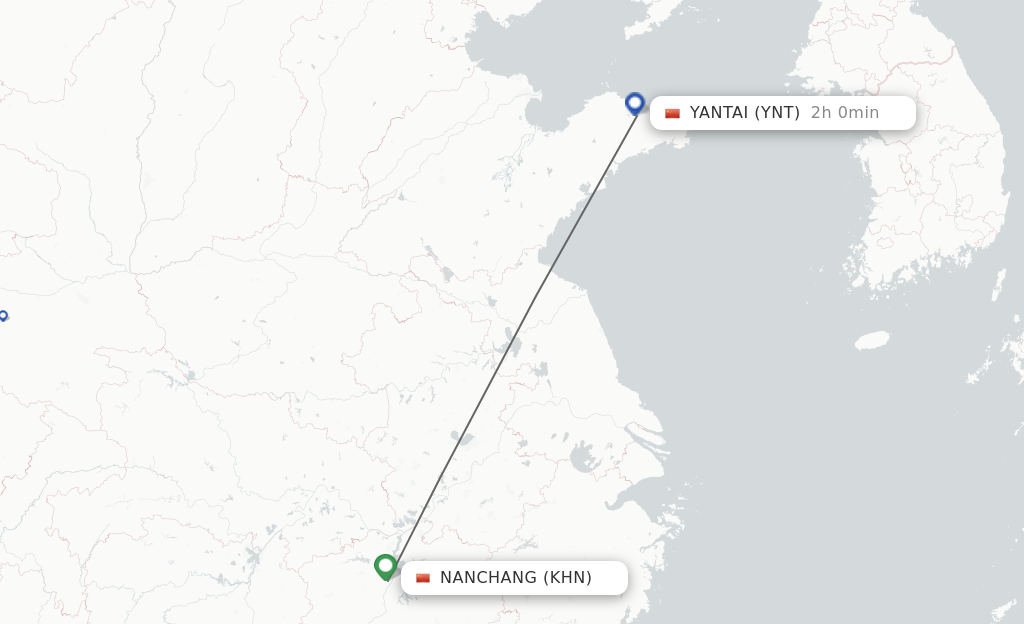 Flights from Nanchang to Yantai route map