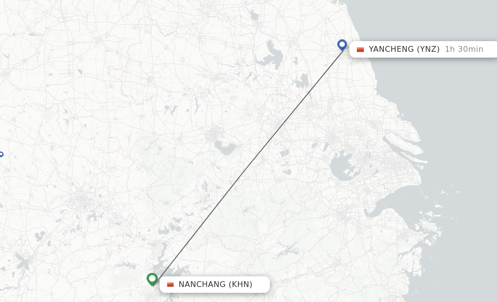 Flights from Nanchang to Yancheng route map