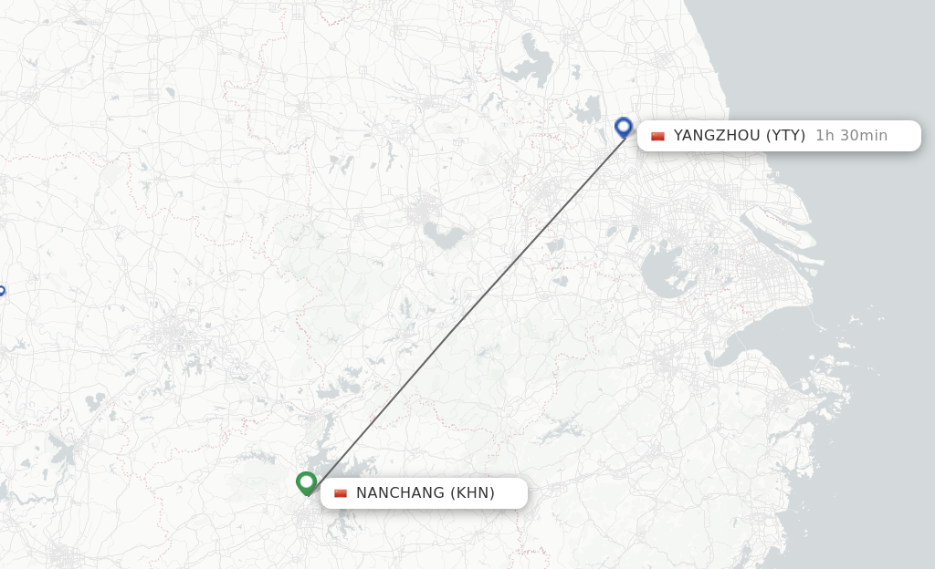 Flights from Nanchang to Yangzhou route map