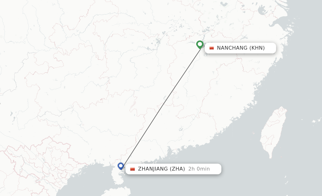 Flights from Nanchang to Zhanjiang route map