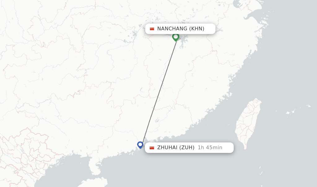 Flights from Nanchang to Zhuhai route map