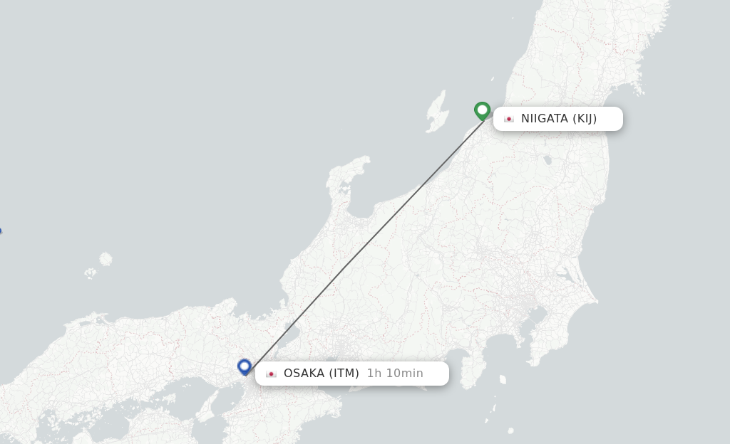 Flights from Niigata to Osaka route map