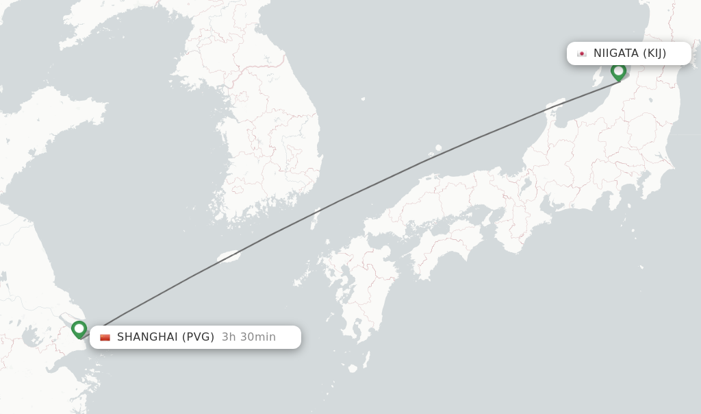 Flights from Niigata to Shanghai route map