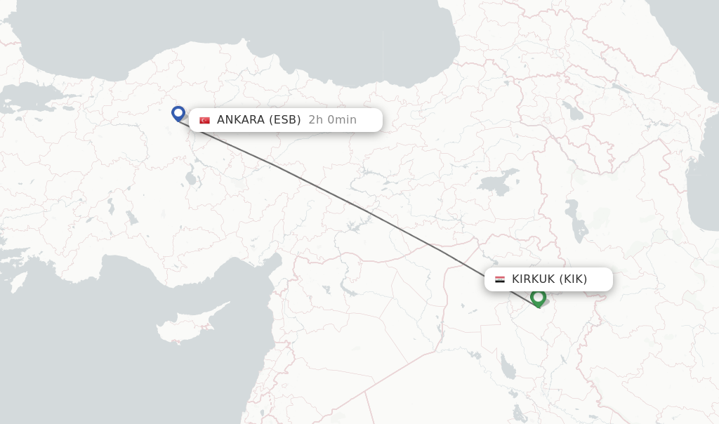 Flights from Kirkuk to Ankara route map