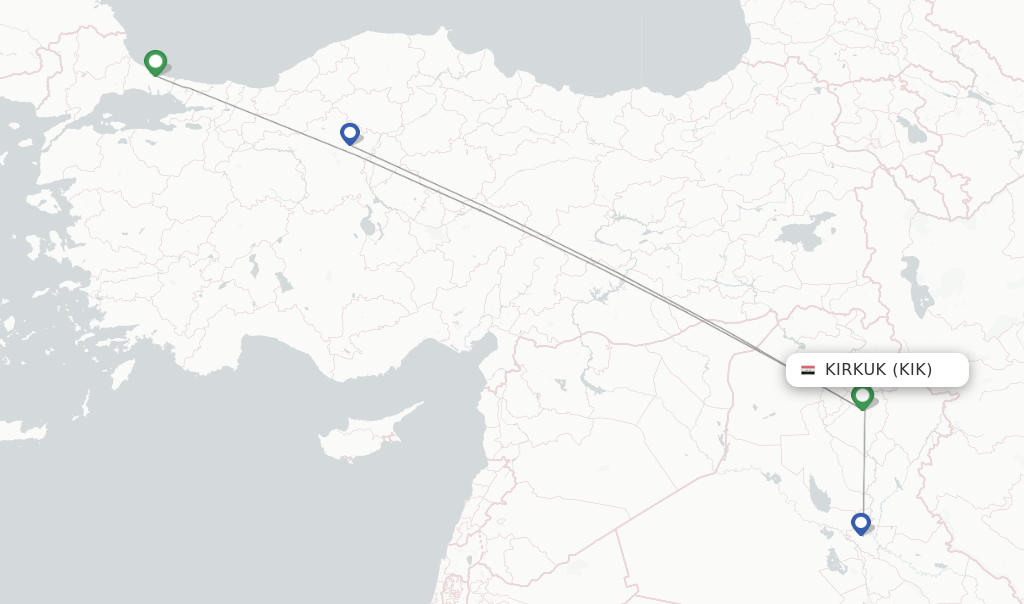 Route map with flights from Kirkuk with Iraqi Airways