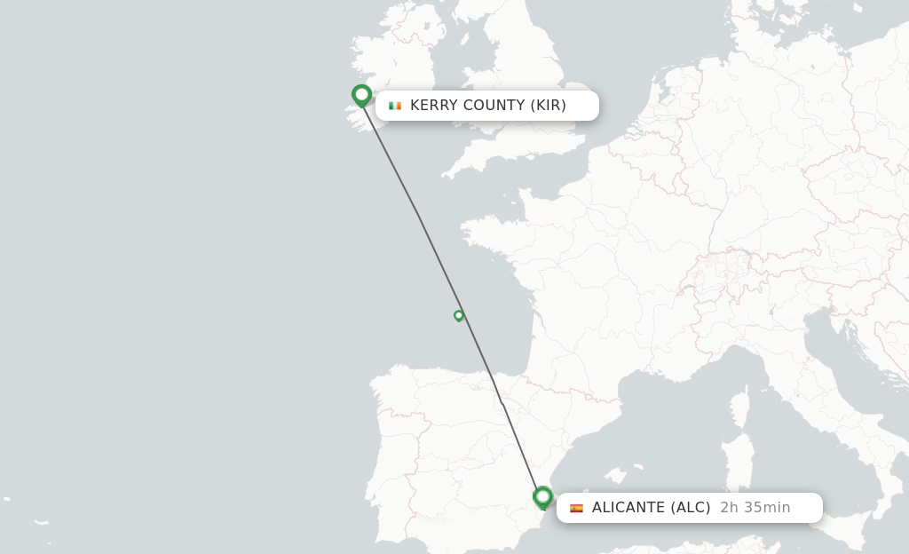 Flights from Kerry County to Alicante route map